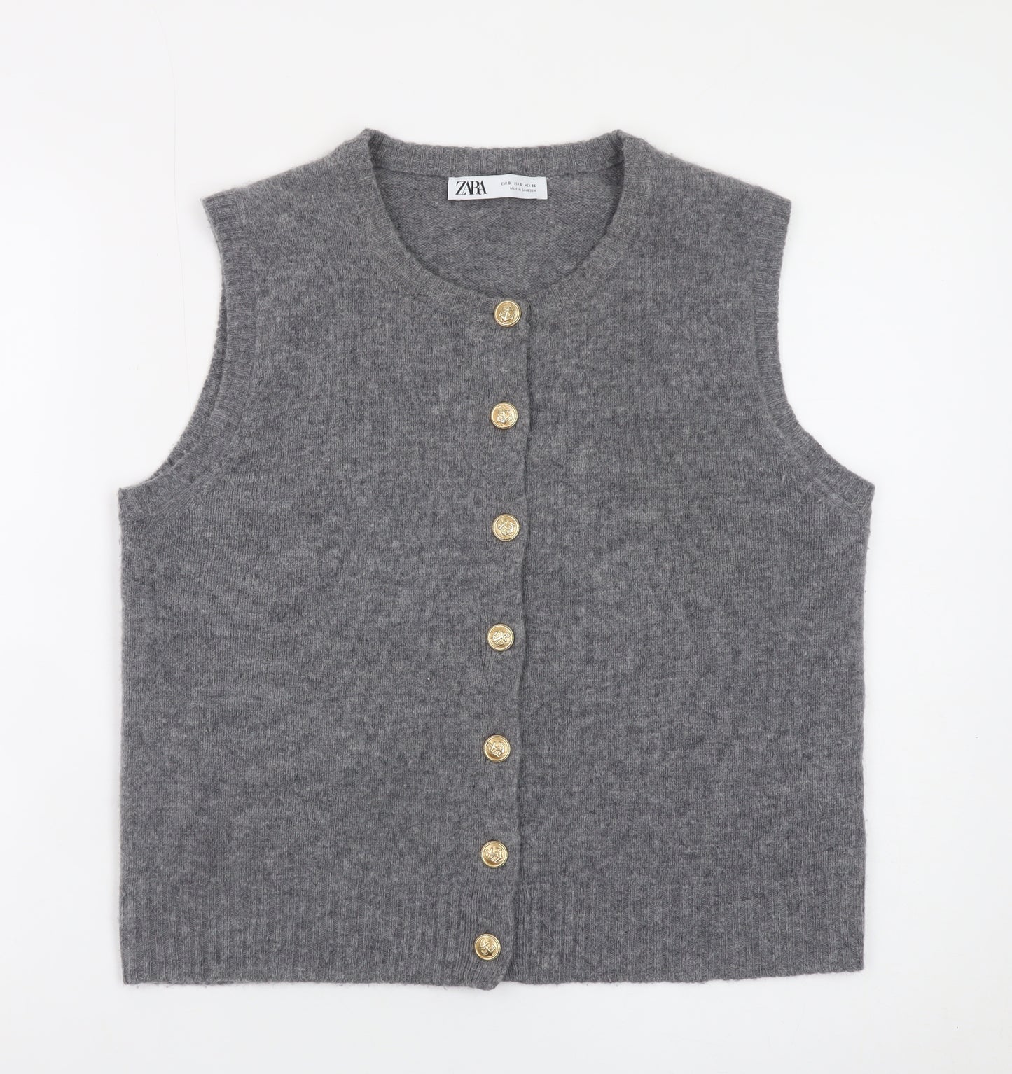 ZARA Women Grey Wool Blend Sleeveless Cardigan Vest S