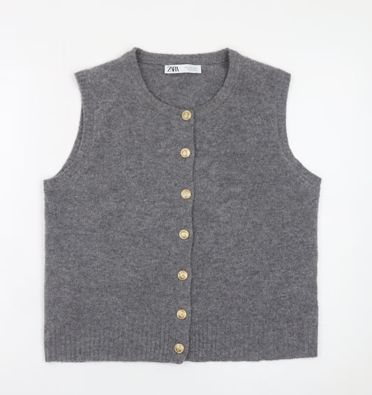 ZARA Women Grey Wool Blend Sleeveless Cardigan Vest S