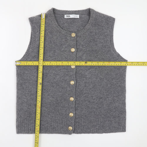 ZARA Women Grey Wool Blend Sleeveless Cardigan Vest S