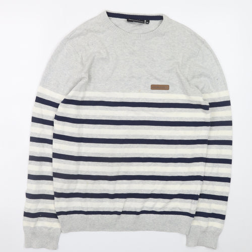 McKenzie Men's Grey Striped Cotton Crew Neck Jumper Size M