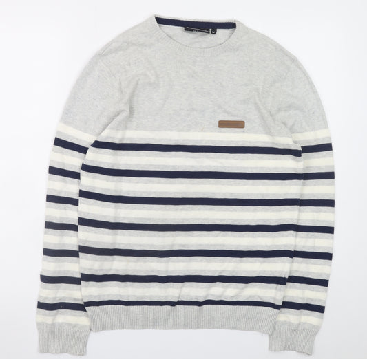 McKenzie Men's Grey Striped Cotton Crew Neck Jumper Size M