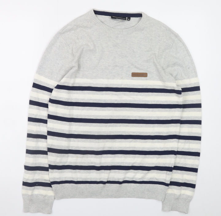 McKenzie Men's Grey Striped Cotton Crew Neck Jumper Size M