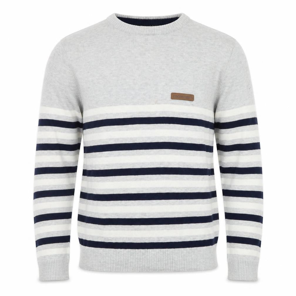 Front view of McKenzie Men's Grey Striped Cotton Crew Neck Jumper, size M