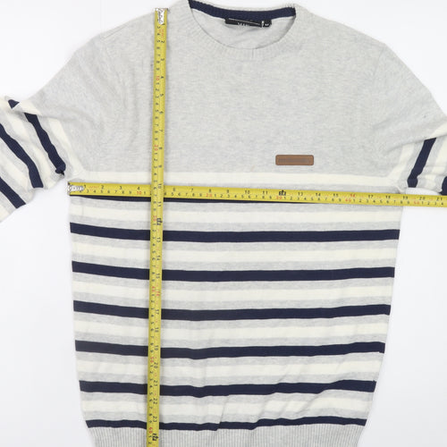 McKenzie Men's Grey Striped Cotton Crew Neck Jumper Size M