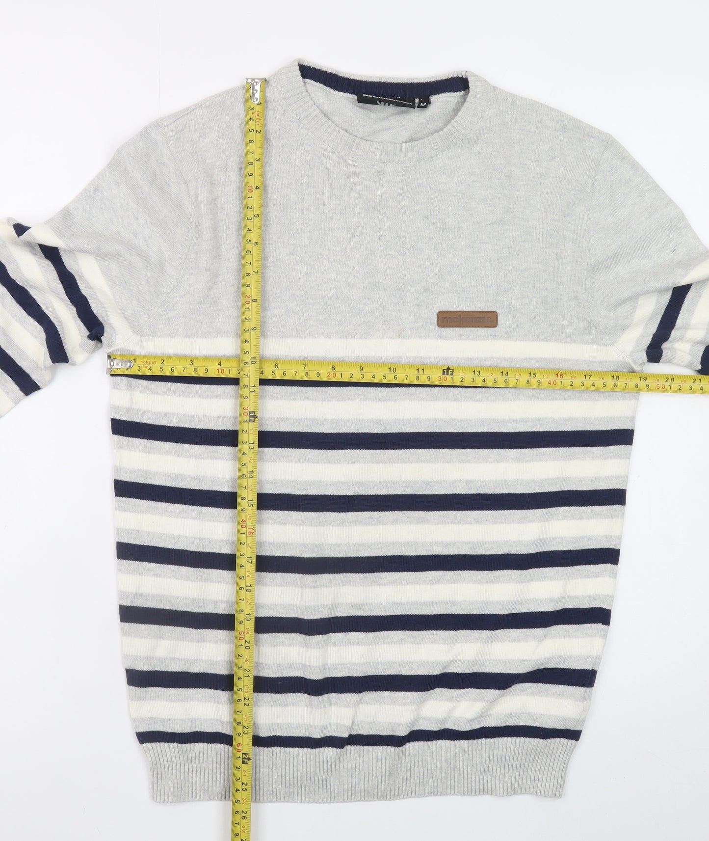 McKenzie Men's Grey Striped Cotton Crew Neck Jumper Size M