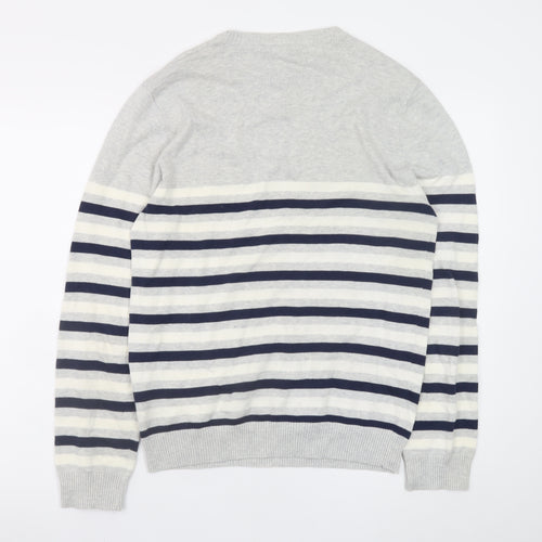 McKenzie Men's Grey Striped Cotton Crew Neck Jumper Size M