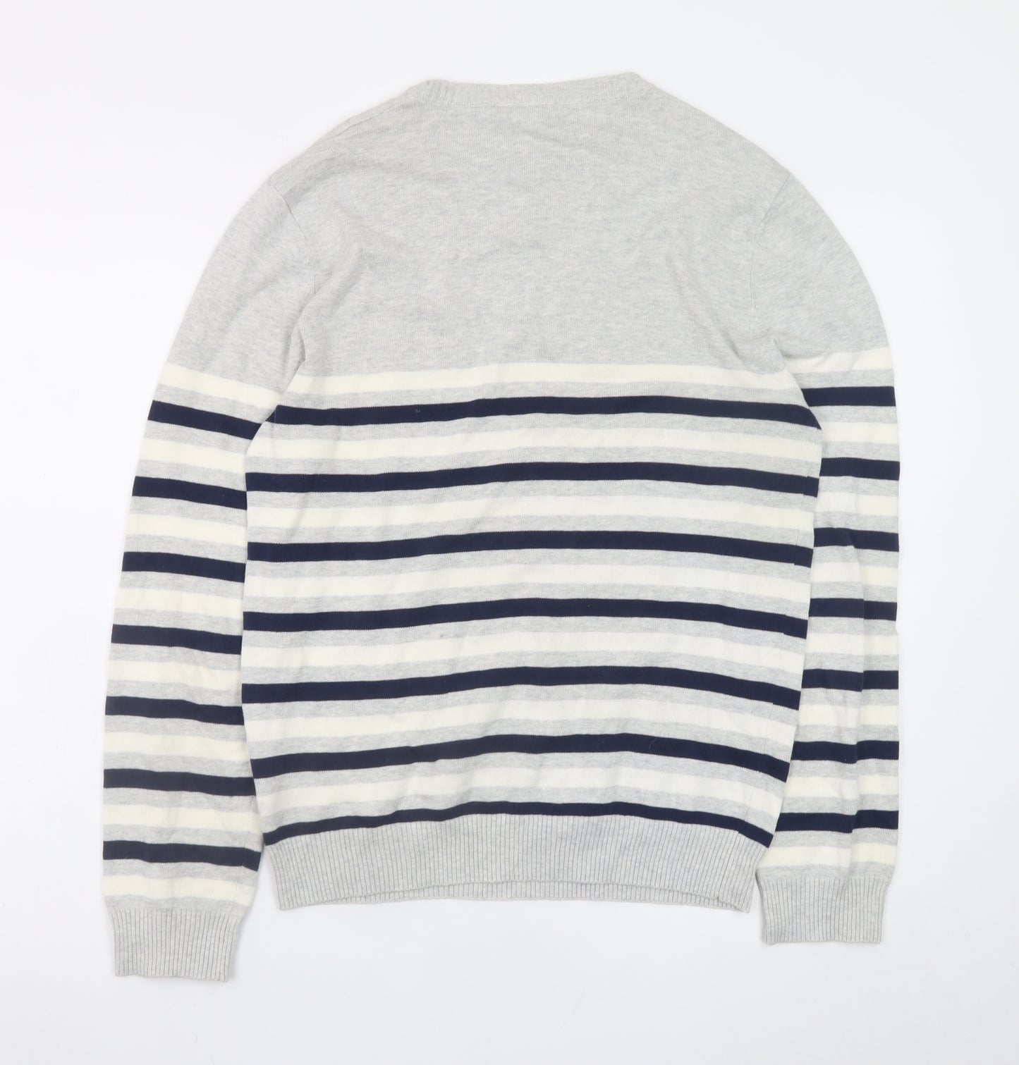 McKenzie Men's Grey Striped Cotton Crew Neck Jumper Size M