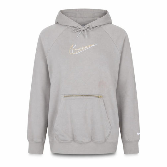 Front view of Nike Women’s Beige Oversized Pullover Hoodie, size S, Zip Pocket