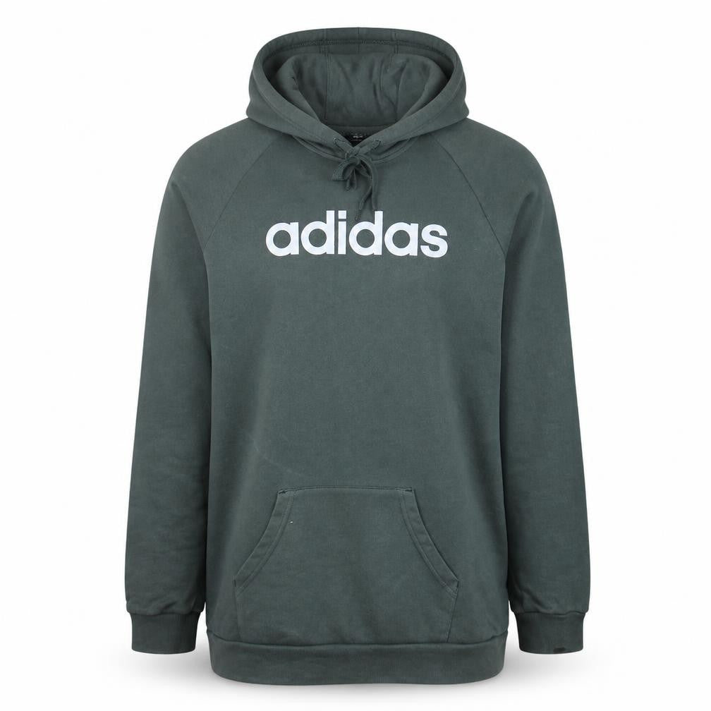 Front view of Adidas women’s black pullover hoodie, size UK 14, long sleeve logo print