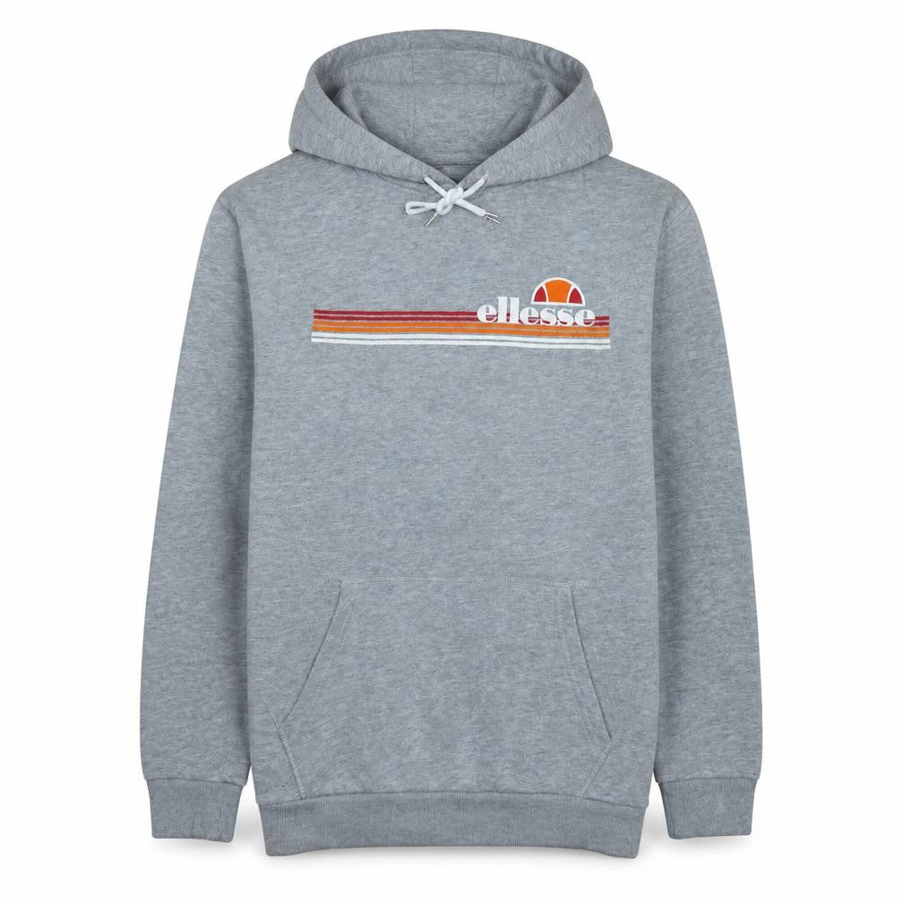 Front view of Ellesse Men's Grey Pullover Hoodie Small Retro Logo Sweatshirt