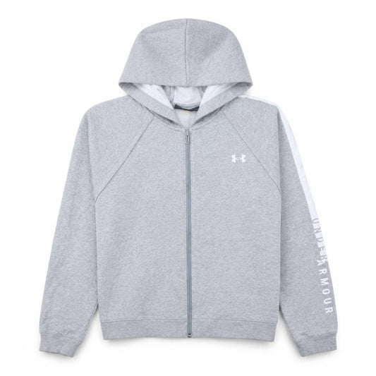 Front view of Under Armour women’s grey full zip hoodie, size L, loose fit casual