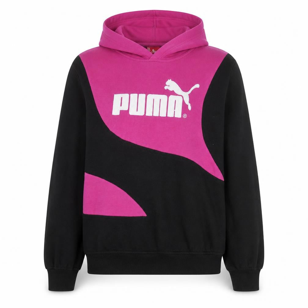 Front view of Puma women’s pink & black pullover hoodie small logo fleece sweatshirt