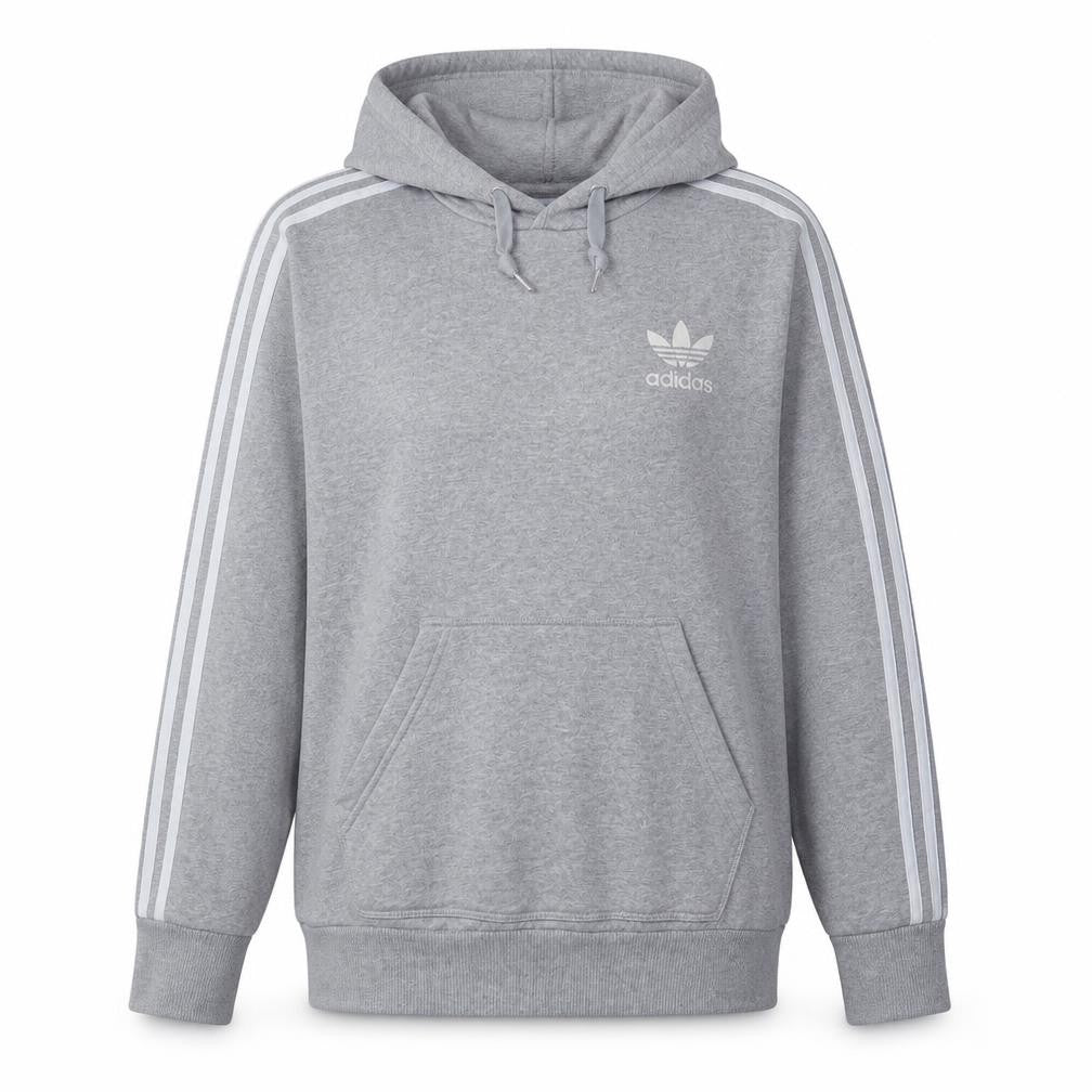Front view of Adidas women’s grey 3xl pullover hoodie with 3 stripes logo classic style