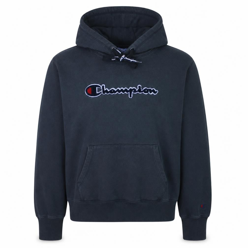 Front view of Champion women’s black xs pullover hoodie cotton embroidered logo