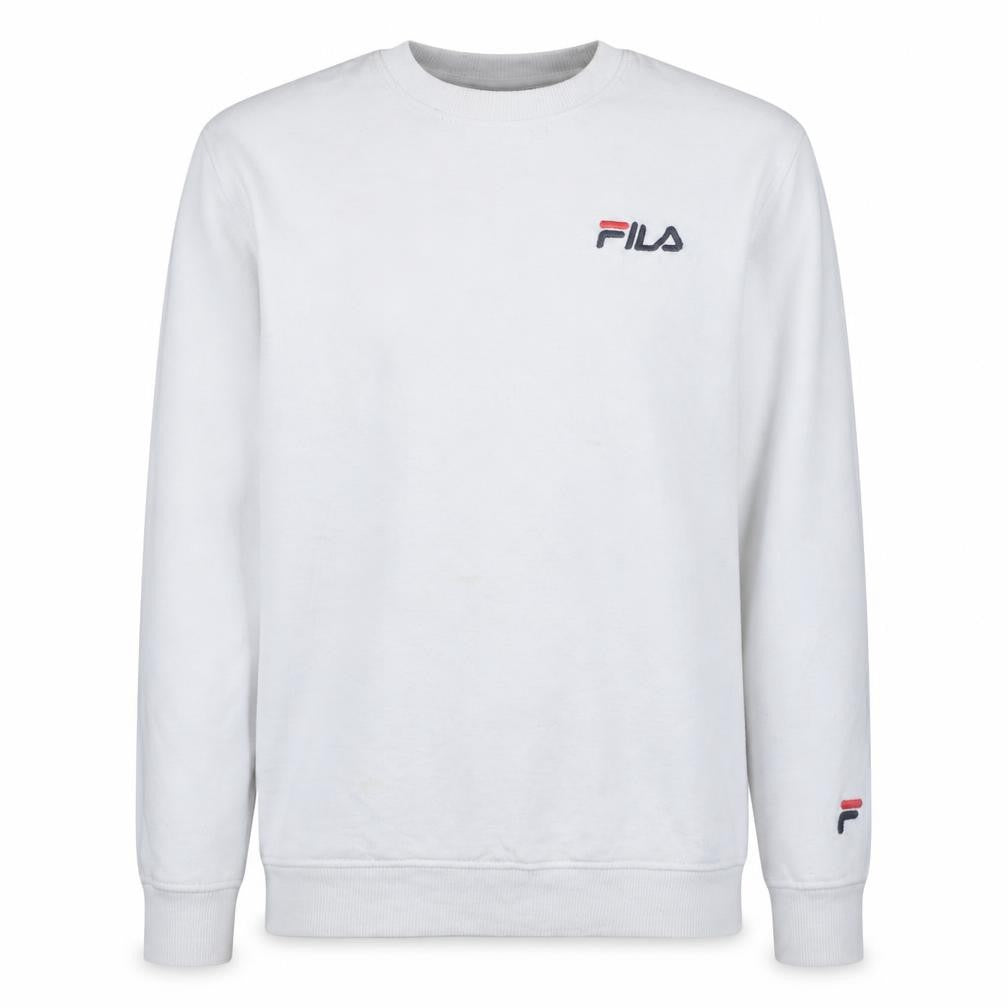 Front view of Fila Men's White Small Logo Crew Neck Pullover Sweatshirt, size S