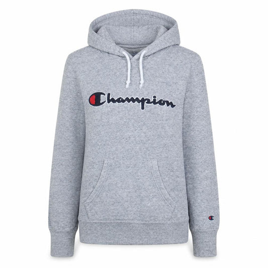 Front view of Champion women’s grey xs pullover hoodie with logo embroidery