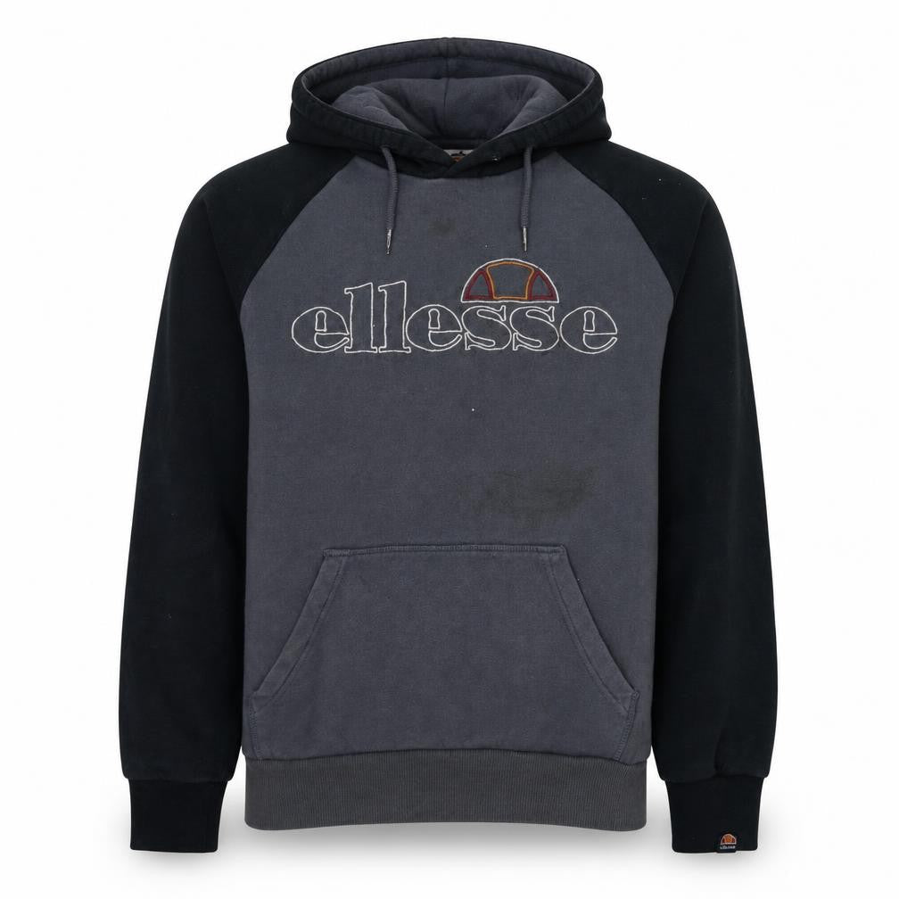 Front view of Ellesse men’s grey pullover hoodie l logo fleece sweatshirt