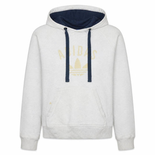 Front view of Adidas women’s beige hooded pullover sweatshirt, size L, logo print