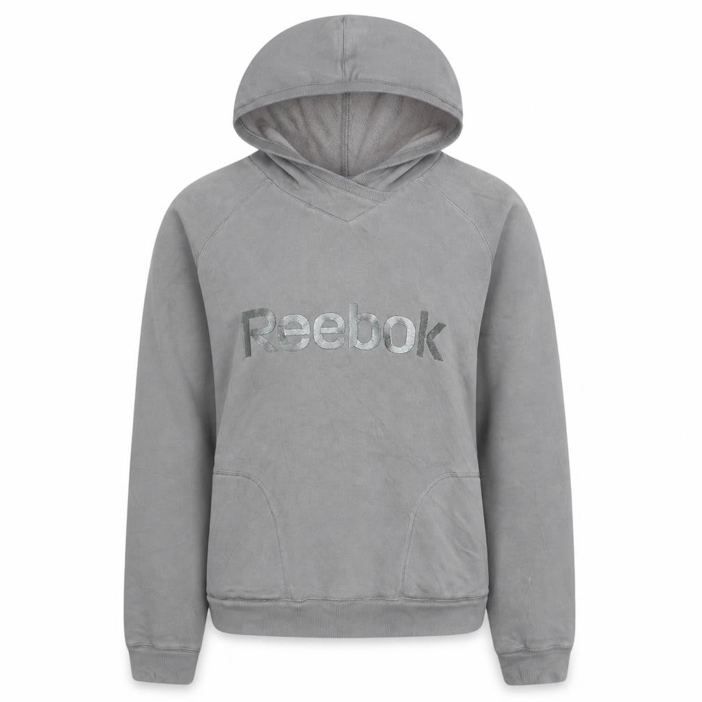 Front view of Reebok Women’s Grey Pullover Hoodie, size M, Cotton Blend Logo Sweatshirt