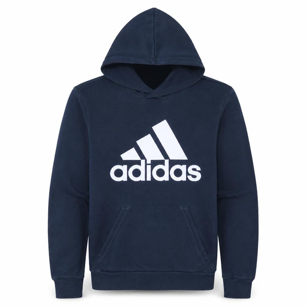 Front view of Adidas Men's Blue Pullover Hoodie Small Logo Sportswear