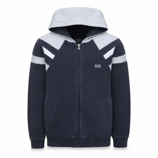 Front view of Hugo Boss boys’ navy & grey full zip hoodie, size 14, years classic fit