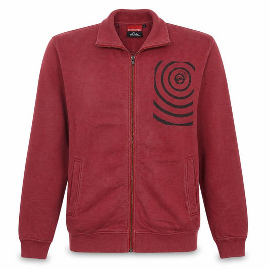 Front view of Quiksilver men’s red full zip sweatshirt m surf graphic jacket