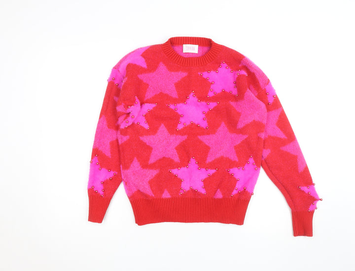 Savida Women's Red Pink Star Beaded Crew Neck Jumper Size 12