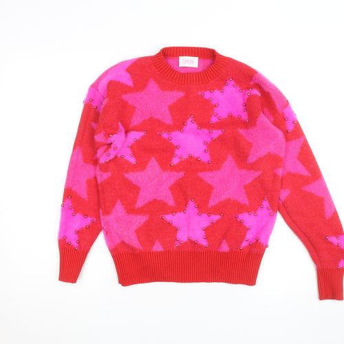 Savida Women's Red Pink Star Beaded Crew Neck Jumper Size 12