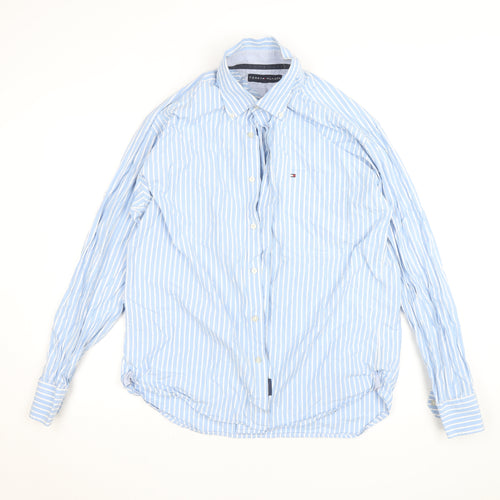 Tommy Hilfiger Men's Blue Striped Cotton Button-Down Long Sleeve Dress Shirt L