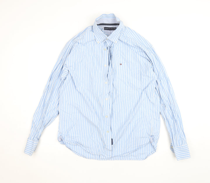 Tommy Hilfiger Men's Blue Striped Cotton Button-Down Long Sleeve Dress Shirt L