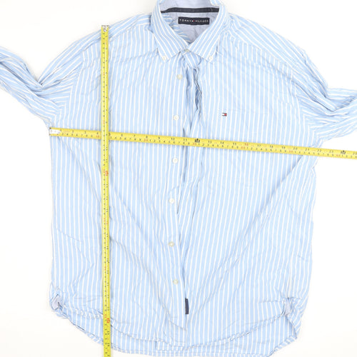 Tommy Hilfiger Men's Blue Striped Cotton Button-Down Long Sleeve Dress Shirt L