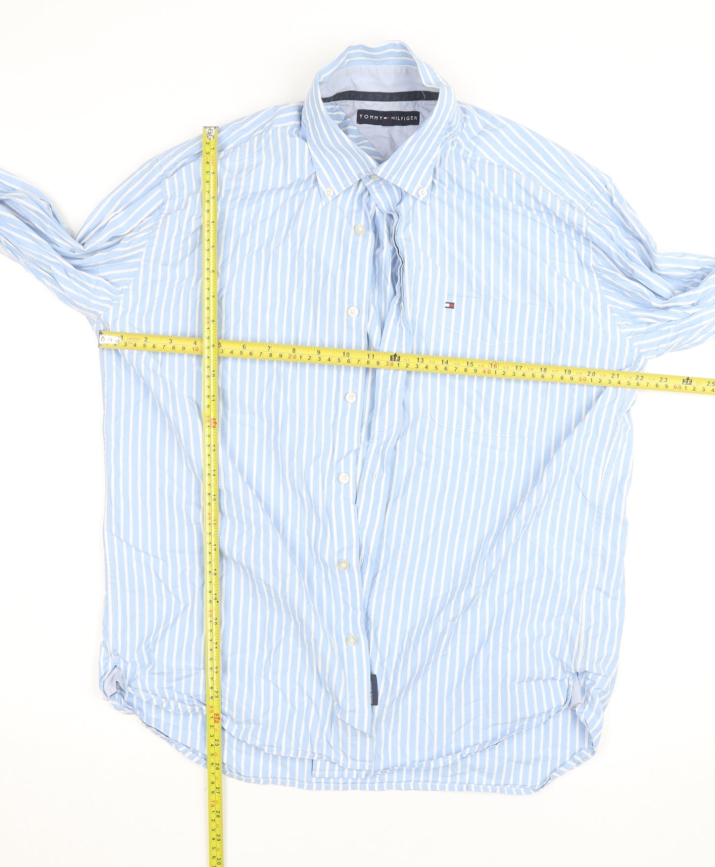 Tommy Hilfiger Men's Blue Striped Cotton Button-Down Long Sleeve Dress Shirt L