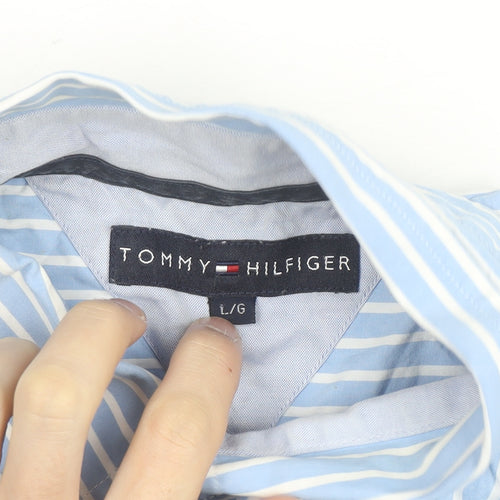Tommy Hilfiger Men's Blue Striped Cotton Button-Down Long Sleeve Dress Shirt L