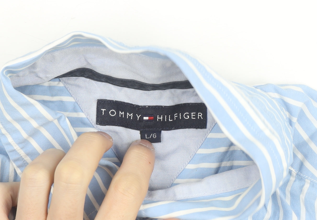 Tommy Hilfiger Men's Blue Striped Cotton Button-Down Long Sleeve Dress Shirt L