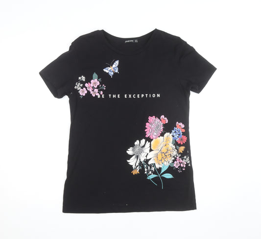 Stradivarius Women’s Black Floral Quote Cotton T-Shirt Size 12