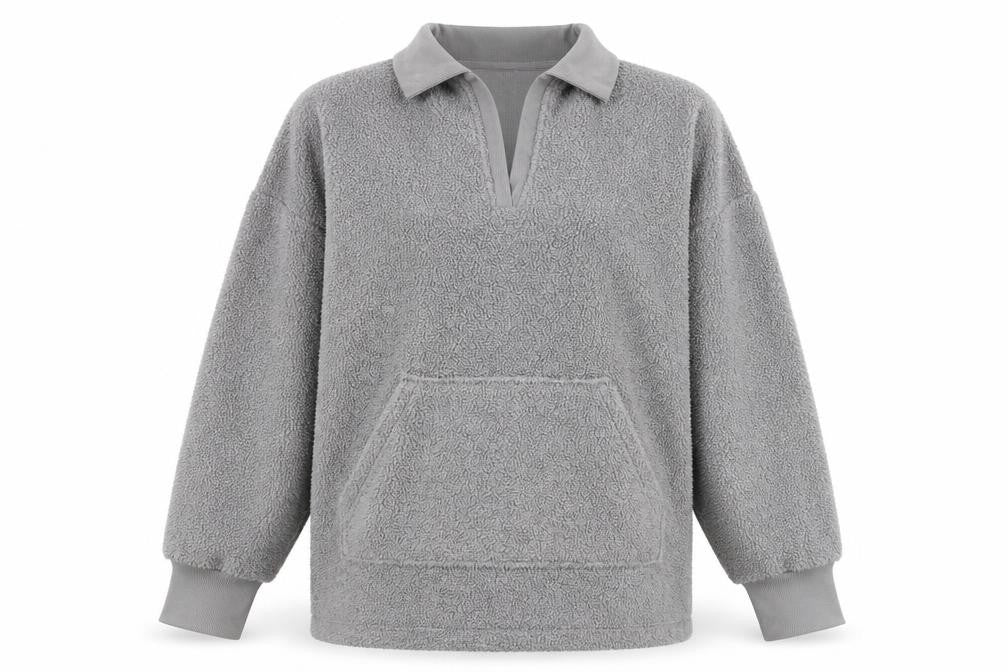 Front view of John Lewis Women Grey Fleece Pullover Collared Jumper S