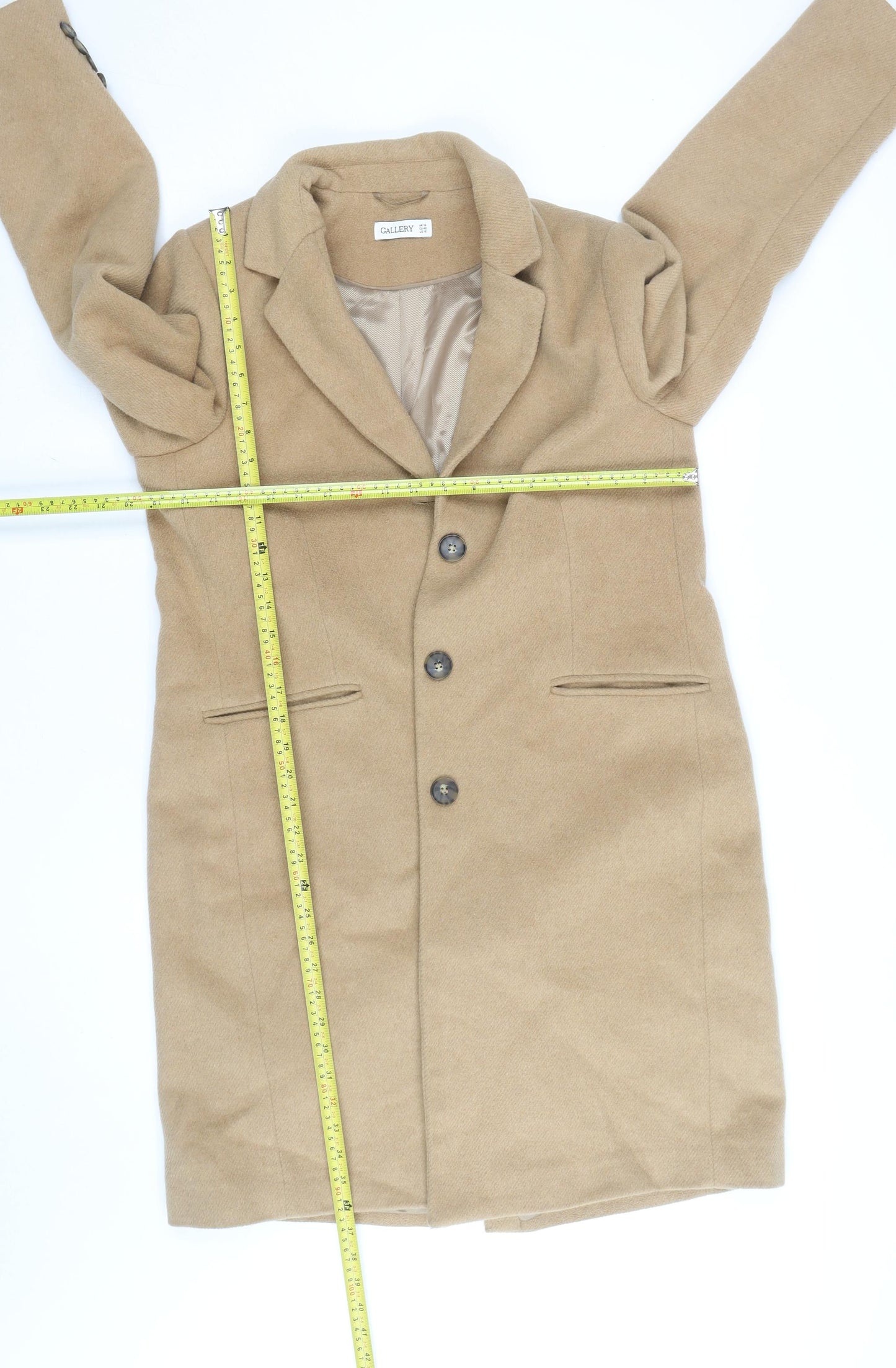 Gallery Women's Beige Wool Blend Long Coat Size 14 Classic Overcoat
