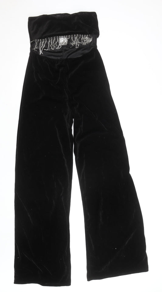 PrettyLittleThing Women’s Black Velvet Wide-Leg Beaded Dress Pants Size 12