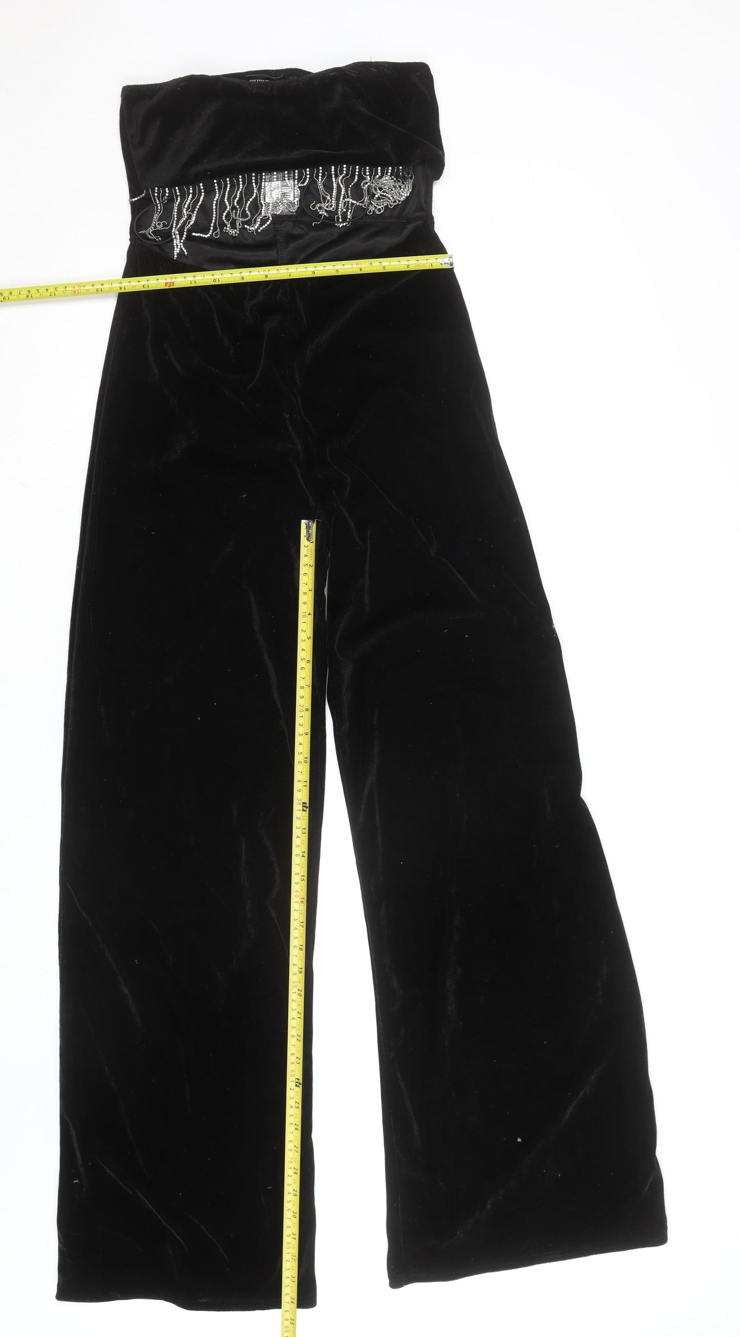 PrettyLittleThing Women’s Black Velvet Wide-Leg Beaded Dress Pants Size 12