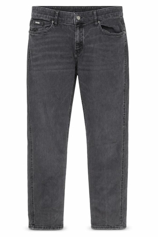 Front view of BOSS men’s grey slim fit denim chino trousers size 32w 32l