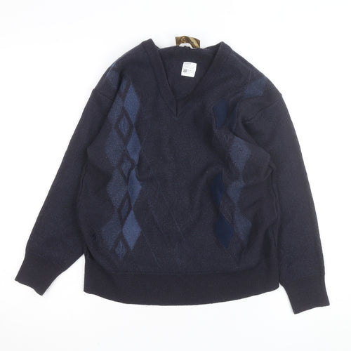 Gabicci Men's Blue Argyle Wool Blend V-Neck Jumper Size M