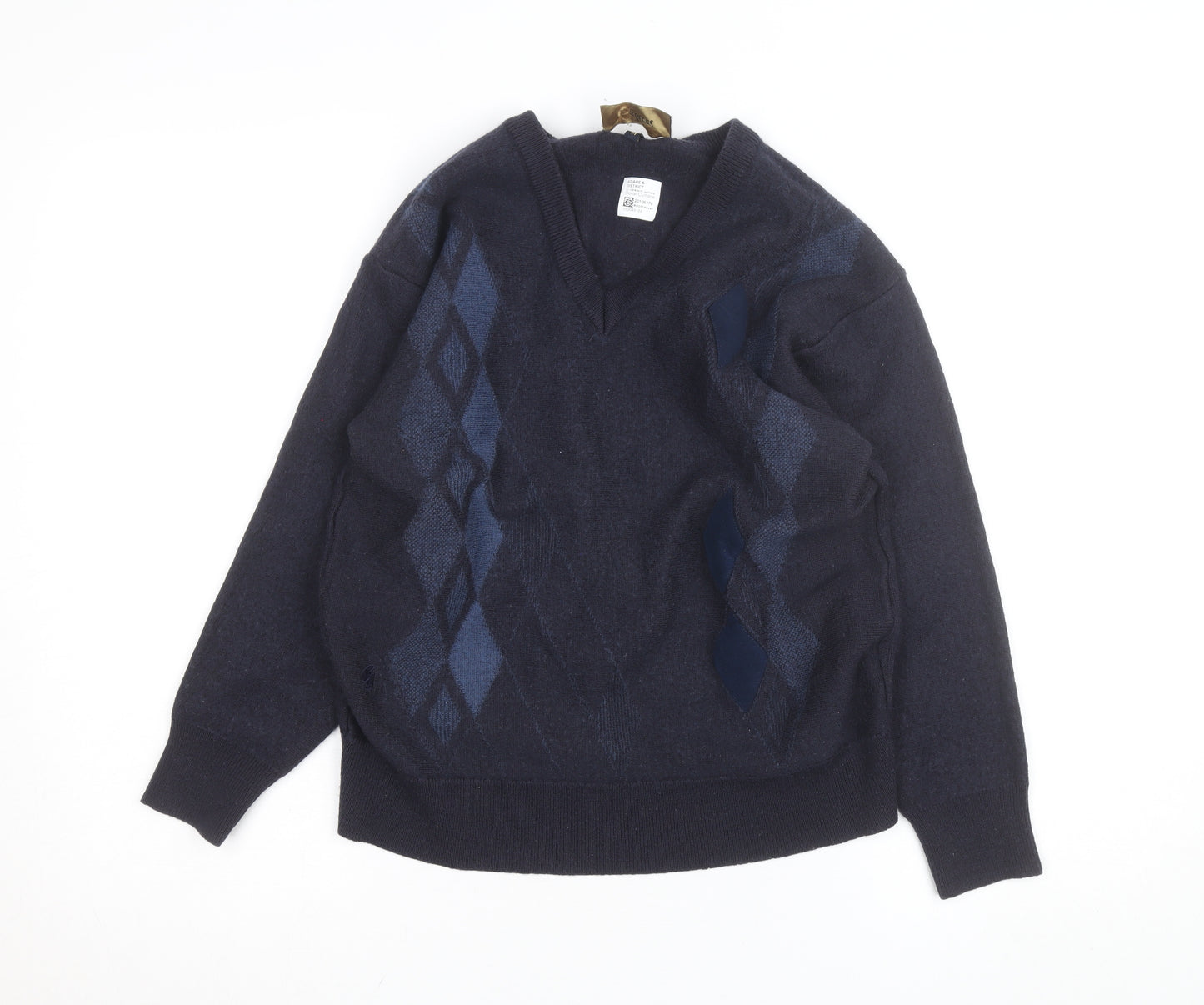 Gabicci Men's Blue Argyle Wool Blend V-Neck Jumper Size M