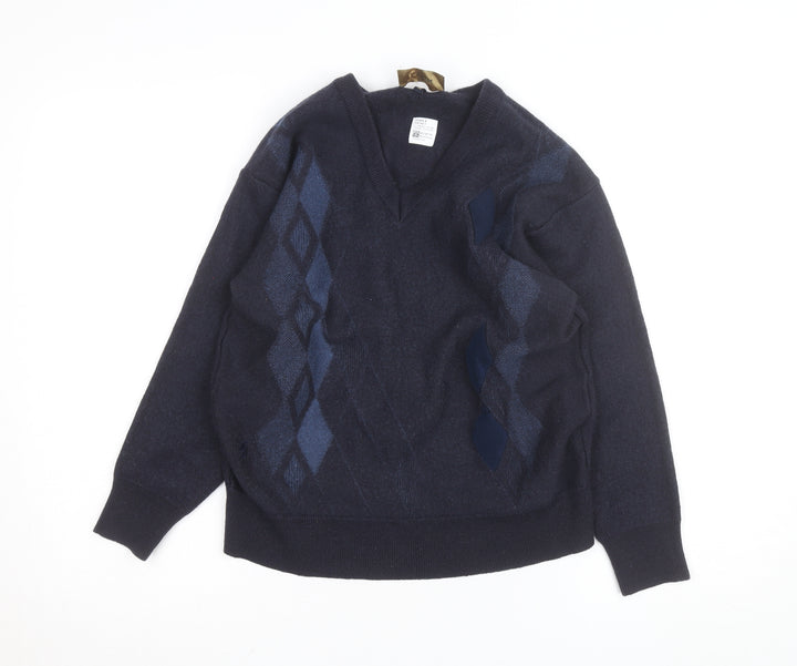 Gabicci Men's Blue Argyle Wool Blend V-Neck Jumper Size M