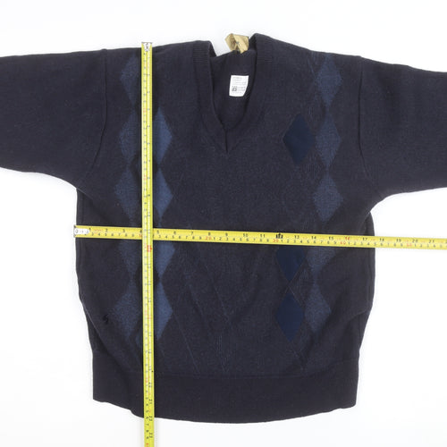 Gabicci Men's Blue Argyle Wool Blend V-Neck Jumper Size M