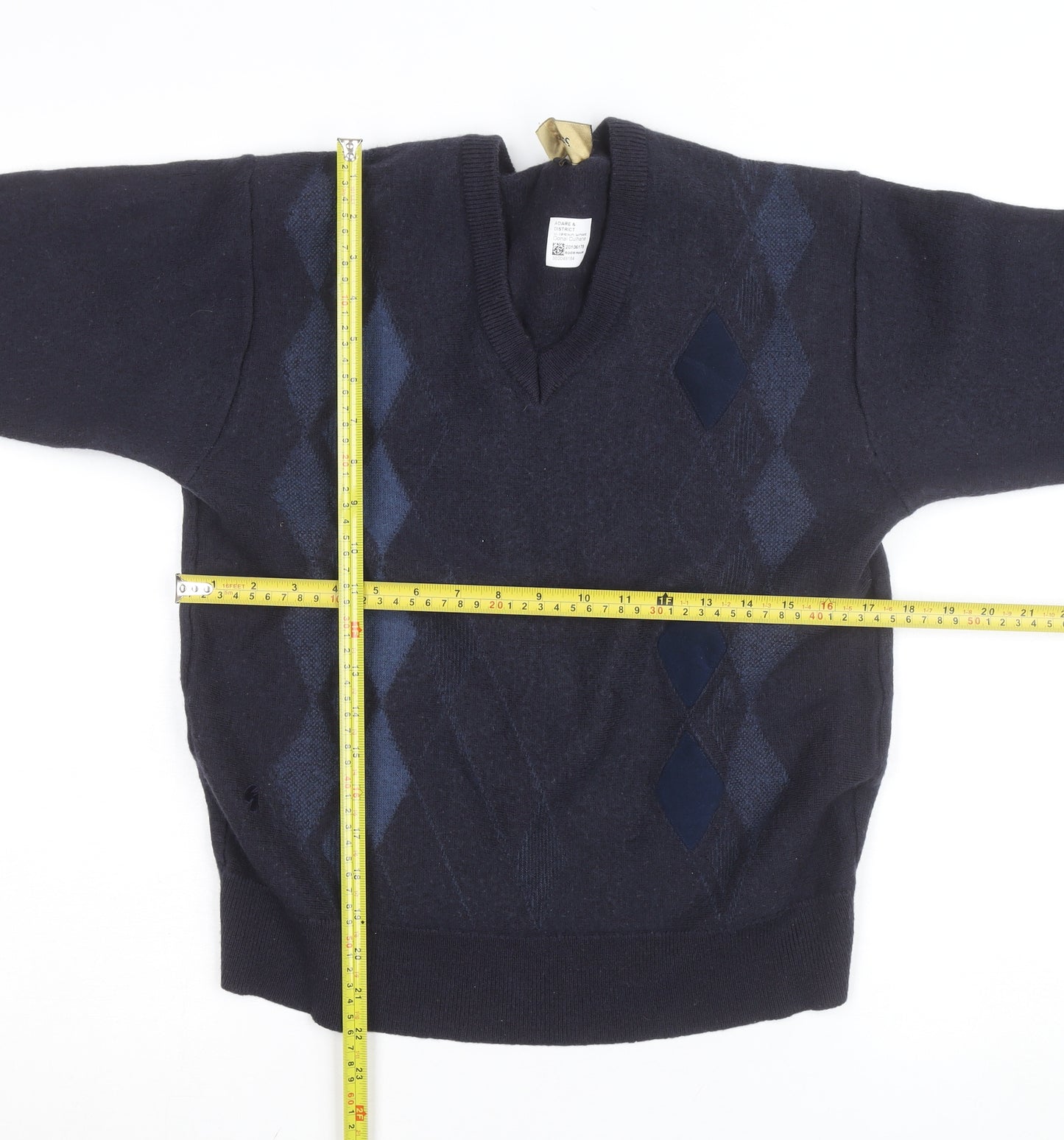 Gabicci Men's Blue Argyle Wool Blend V-Neck Jumper Size M