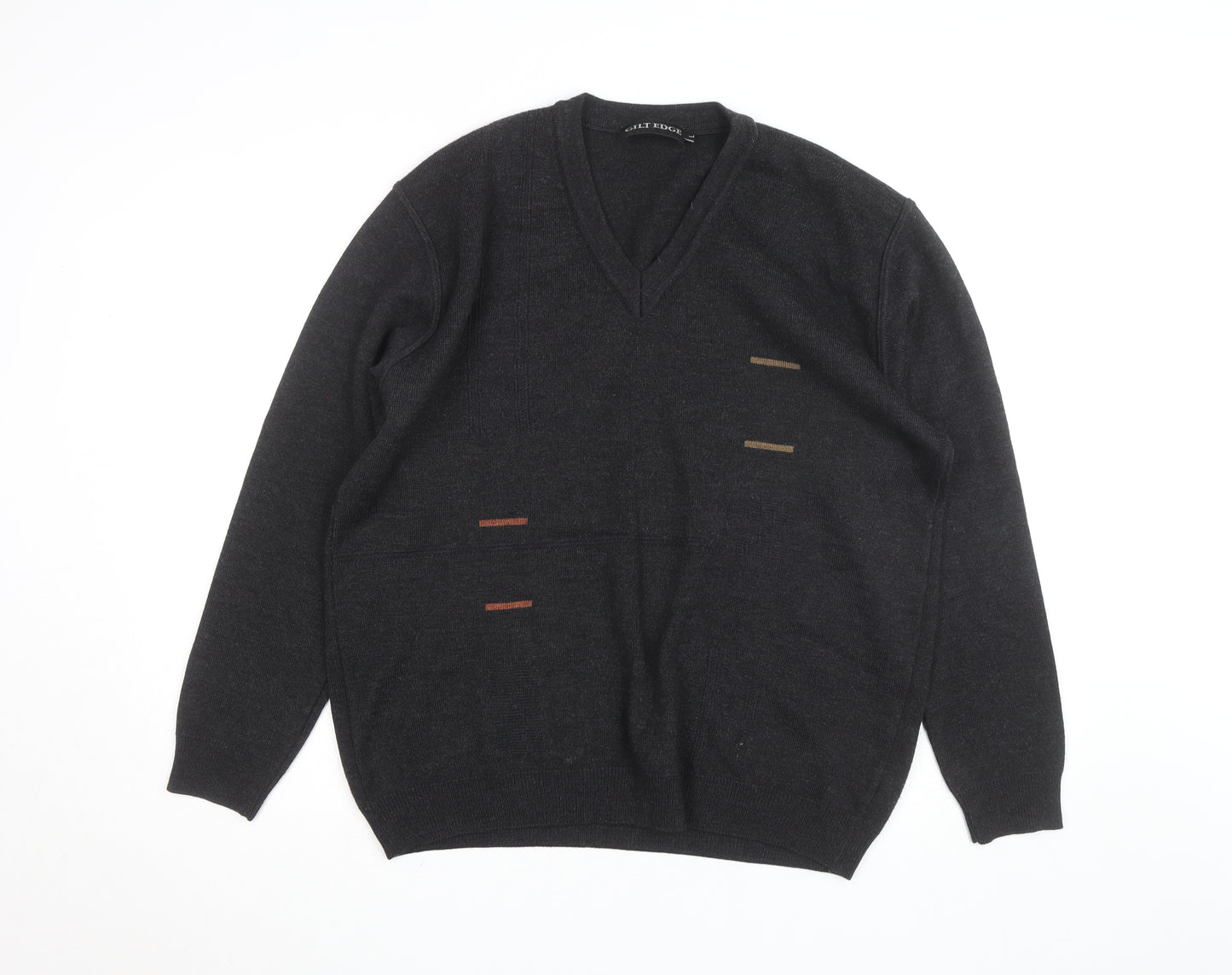 Gilt Edge Men's Black Wool Blend V-Neck Jumper Size L