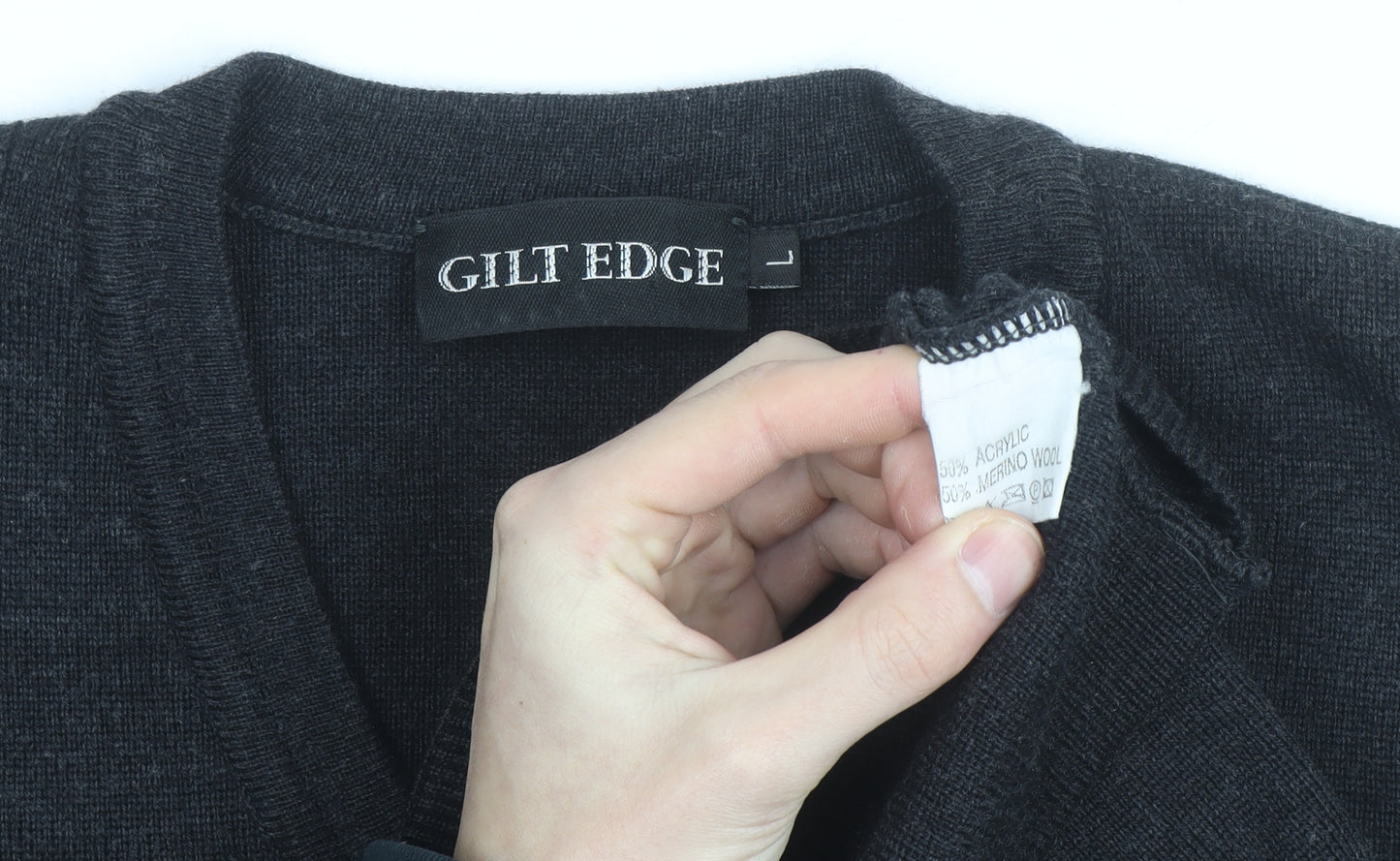 Gilt Edge Men's Black Wool Blend V-Neck Jumper Size L