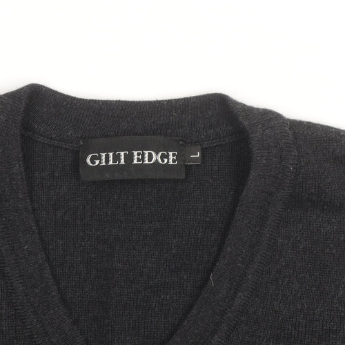 Gilt Edge Men's Black Wool Blend V-Neck Jumper Size L