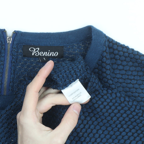 Benino Men's Blue Knit Pullover Jumper Size S with Back Zip