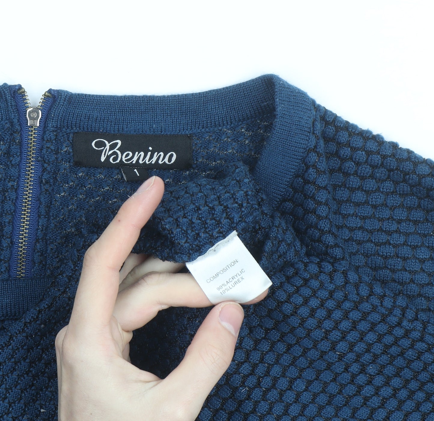 Benino Men's Blue Knit Pullover Jumper Size S with Back Zip